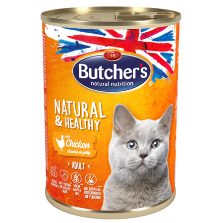 Butcher's Natural&Healthy Cat - mokra karma dla kota z kurczakiem - kawałki w galarecie - puszka - 400 g