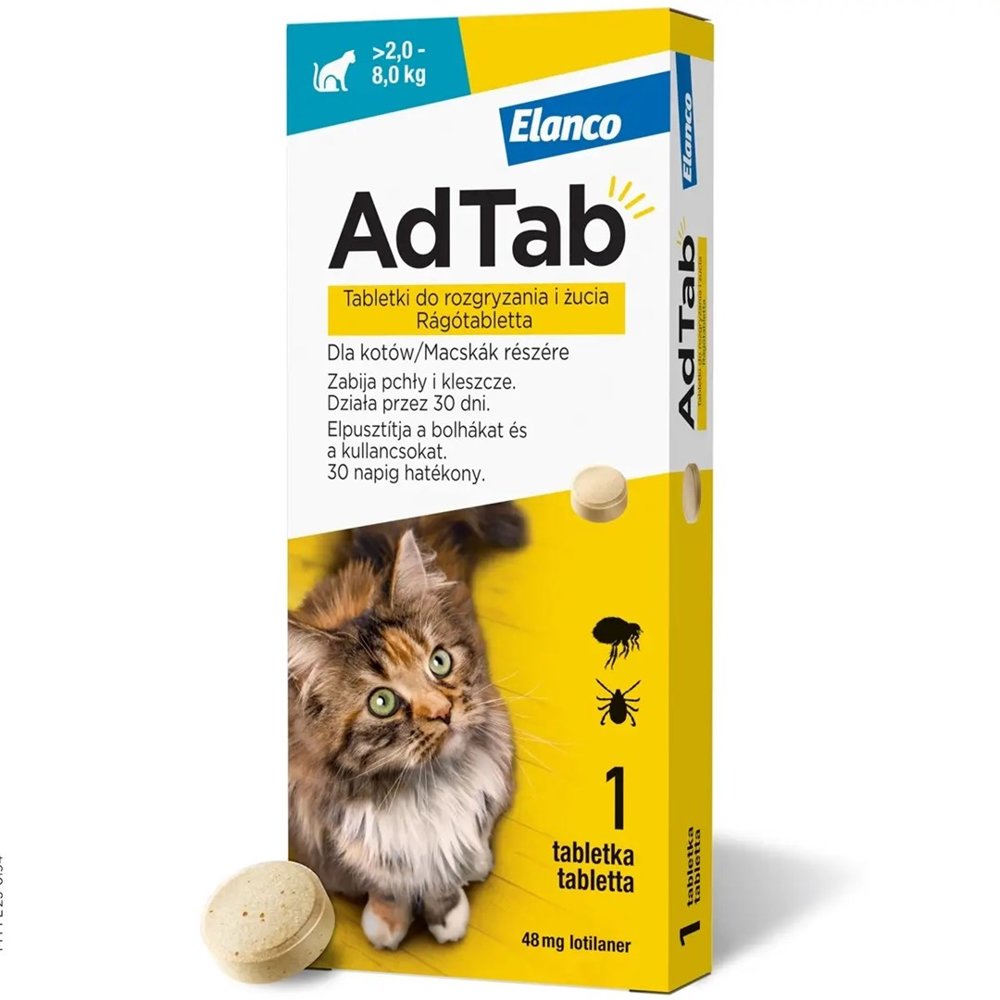 AdTab Tabletka na pchły i kleszcze dla kota (>2,0-8,0 kg) 1x 48 mg