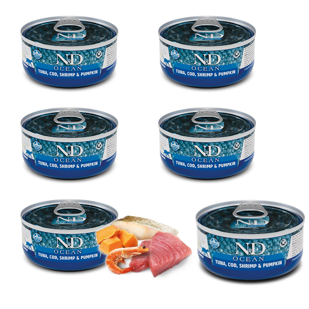 FARMINA N&D Cat Ocean Tuna, Cod, Shrimp, Pumpkin - mokra karma dla kota - 6x70 g