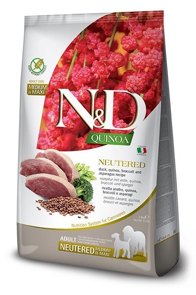 FARMINA N&D Quinoa Dog Duck, Broccoli, Asparagus Neutered Adult Medium&Maxi - sucha karma dla psa - 12 kg