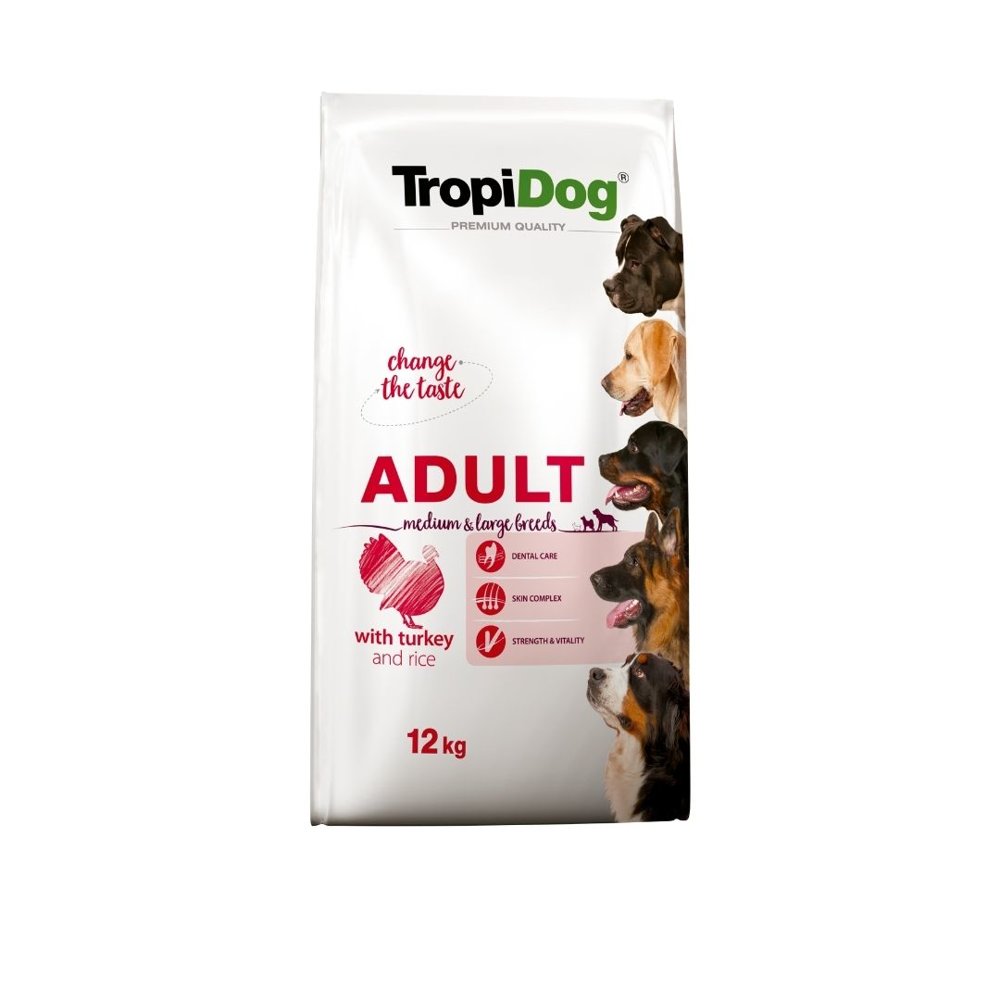 TROPIDOG Premium Adult Medium & Large Indyk z ryżem - sucha karma dla psa - 12 kg