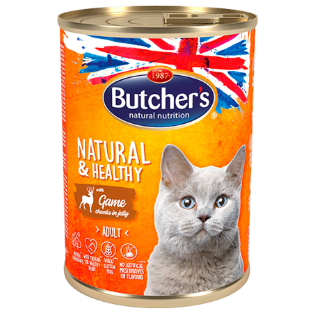 BUTCHER'S Natural&Healthy - mokra karma z dziczyzną  dla kota - kawałki w galarecie - puszka 400 g