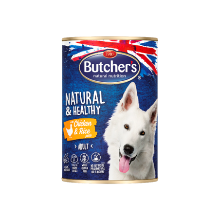 Butcher's Natural&Healthy Dog - mokra karma z kurczakiem i ryżem w formie pasztetu dla psa - puszka 390 g
