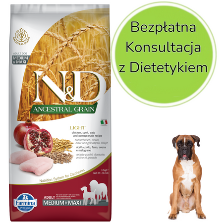 FARMINA N&D Ancestral Grain Chicken & Pomegranate Light Medium & Maxi - sucha karma dla psa - 12kg
