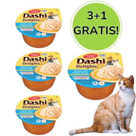 INABA Dashi Delights Kurczak i przegrzebki w bulionie - przysmak dla kota - 3x70 g + 1x70 g Gratis!
