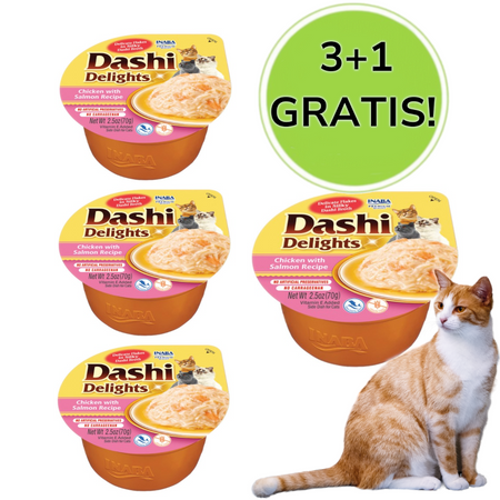 INABA Dashi Delights Kurczak z łososiem w bulionie - przysmak dla kota - 3x70 g + 1x70 g Gratis!