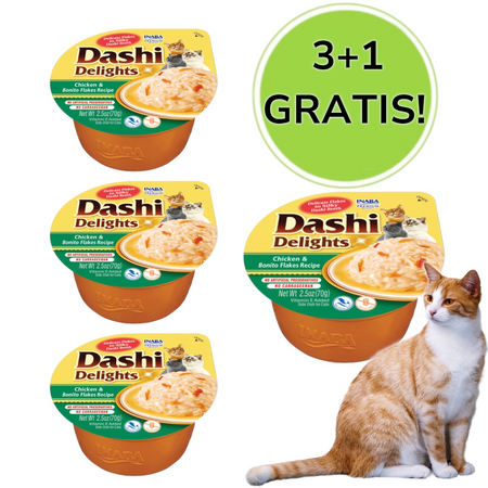INABA Dashi Delights Kurczak z płatkami bonito w bulionie - przysmak dla kota - 3x70 g + 1x70 g Gratis!