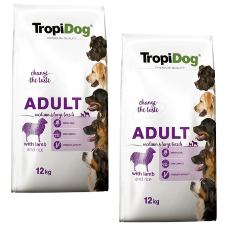 TROPIDOG Premium Adult Medium & Large Jagnięcina z ryżem - sucha karma dla psa - 2x12 kg