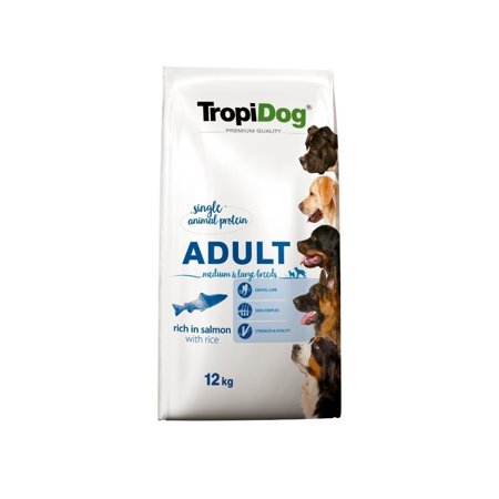 TROPIDOG Premium Adult Medium & Large Łosoś z ryżem - sucha karma dla psa - 12 kg